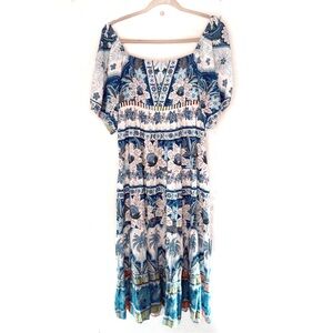 Farm Rio Floral Blue White Dress, Summer Puff Sleeve, Square Neck Dressy Boho